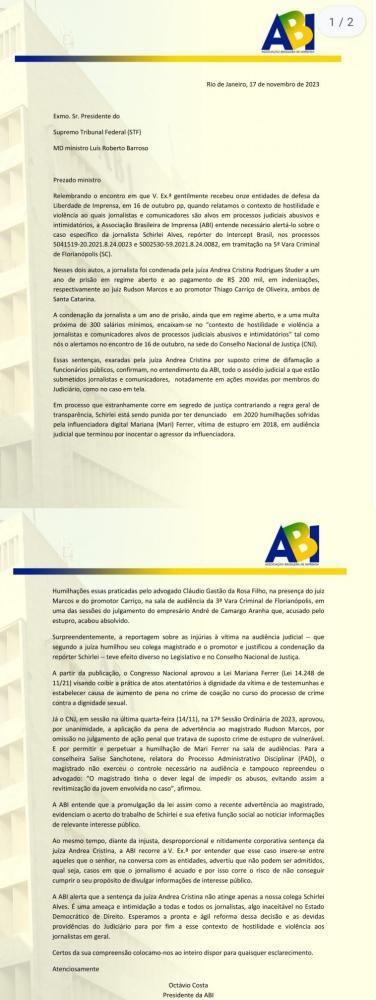 ABI envia ofício ao ministro Barroso do STF. 