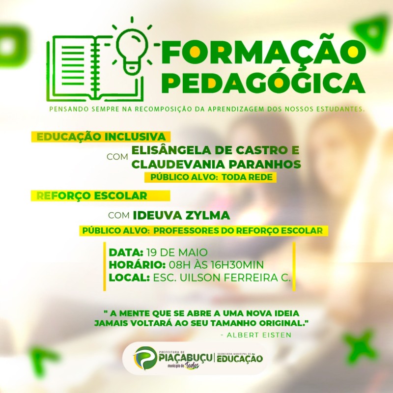 Piaçabuçu: Mais uma etapa da Formação Pedagógica Continuada será realizada nesta quinta-feira (19)