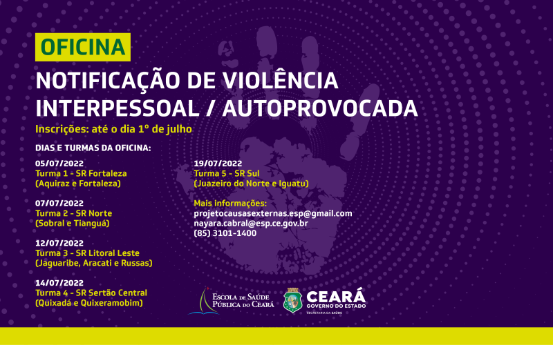 Inscrições para a “Oficina de Notificação de Violência Interpessoal/Autoprovocada” seguem até esta sexta (1º)