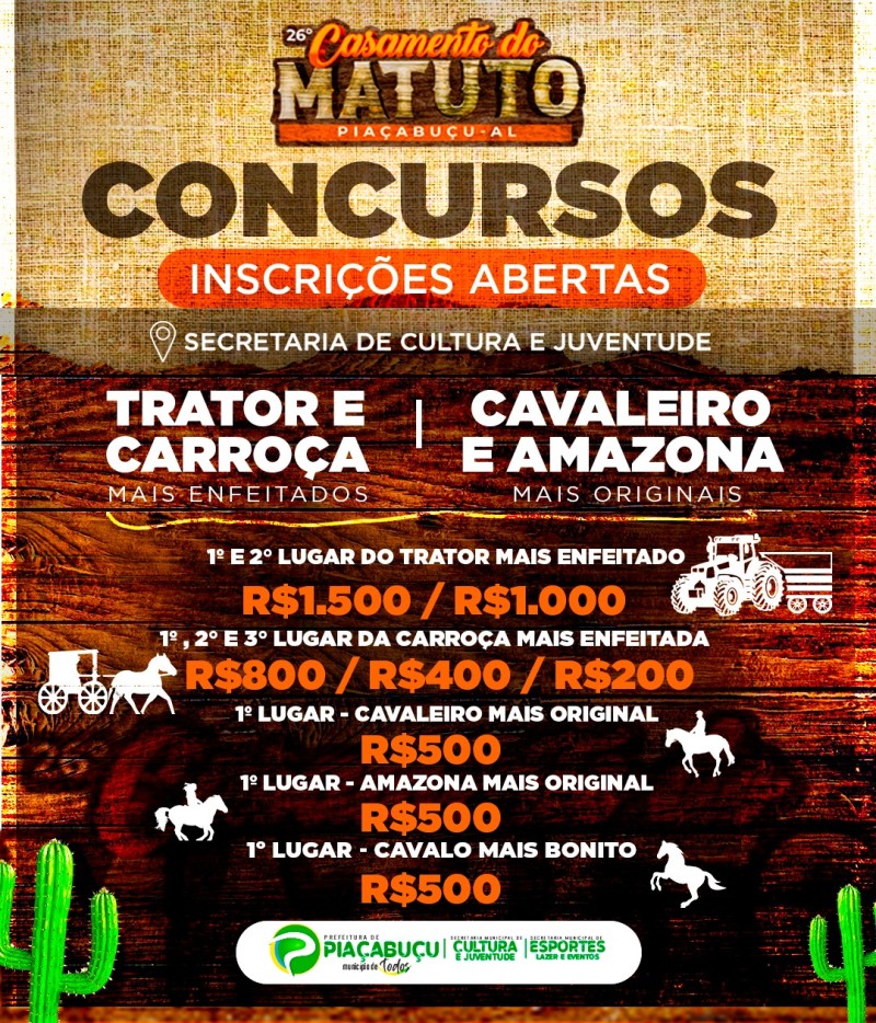Abertas as inscrições para os tradicionais concursos do 26º Casamento do Matuto