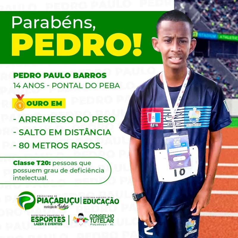 Prefeito Djalma Beltrão parabeniza o adolescente Pedro Paulo pela conquista da medalha de Ouro no JEAL
