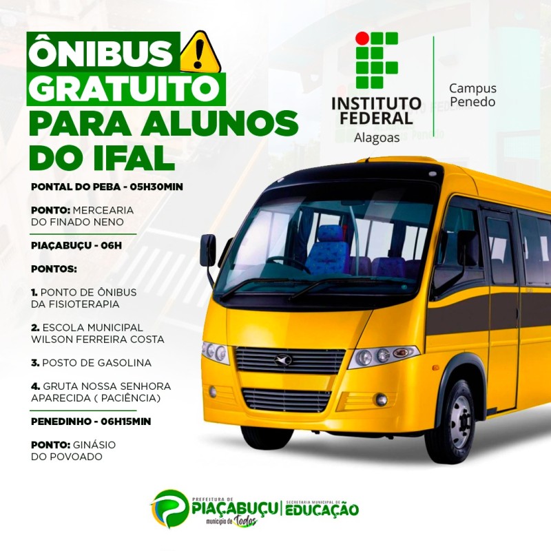 Prefeitura de Piaçabuçu disponibiza transporte gratuito para alunos do Ifal, a partir desta quarta-feira (17)