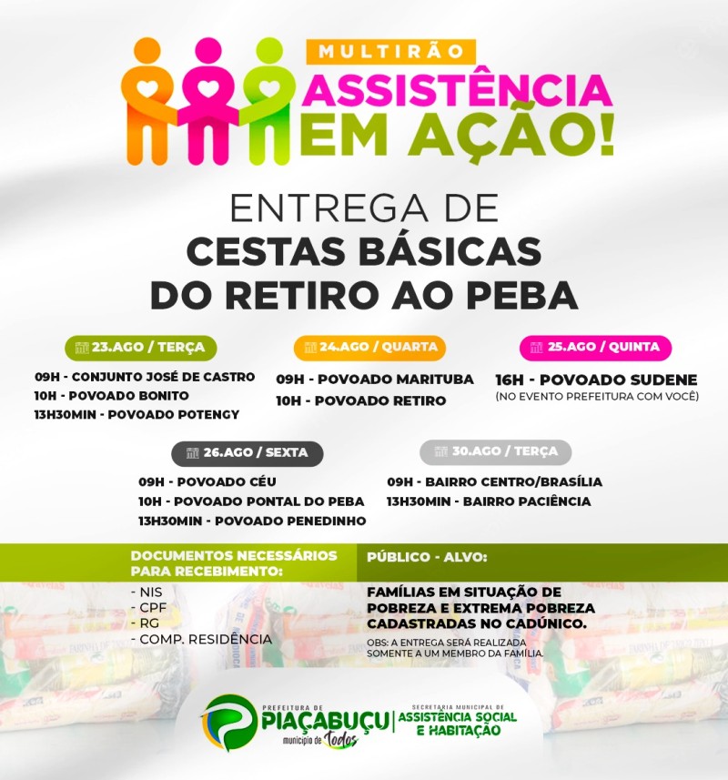 Mutirão “Assistência em Ação” entrega de cestas básicas em todas as comunidades de Piaçabuçu. Confira o Cronograma: