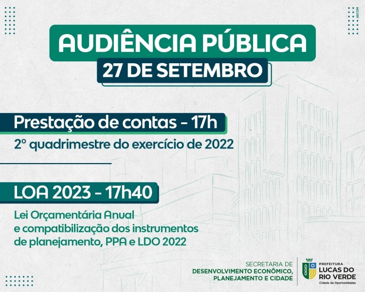 Prestação de contas do 2º quadrimestre de 2022 acontecerá no próximo dia 27