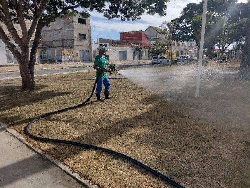 Com aumento da temperatura e queda da umidade, Prefeitura reforça irrigação das plantas nas praças da cidade
