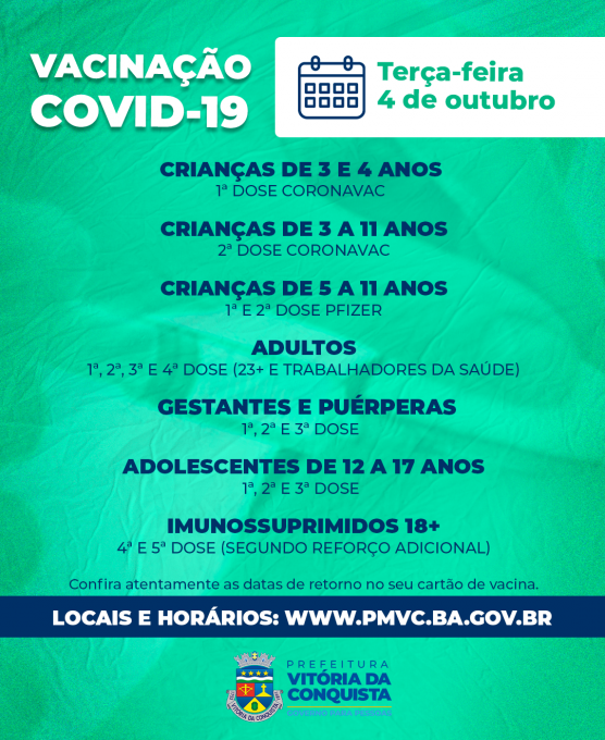 Vacinação contra a Covid-19 prossegue nesta terça-feira nas unidades de saúde