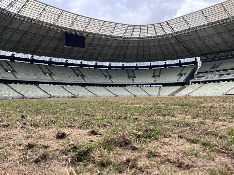 Gramado da Arena Castelão começa a crescer após uma semana de plantio