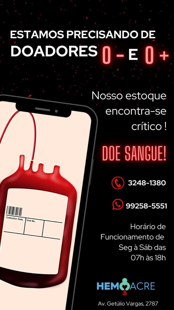 Com estoque crítico, Hemoacre realiza campanha de doação de sangue em Rio Branco