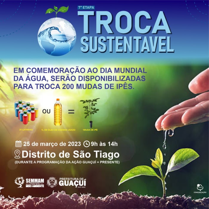 DIA MUNDIAL DA ÁGUA SERÁ COMEMORADO COM A SÉTIMA ETAPA DO PROJETO TROCA SUSTENTÁVEL E GUAÇUÍ + PRESENTE