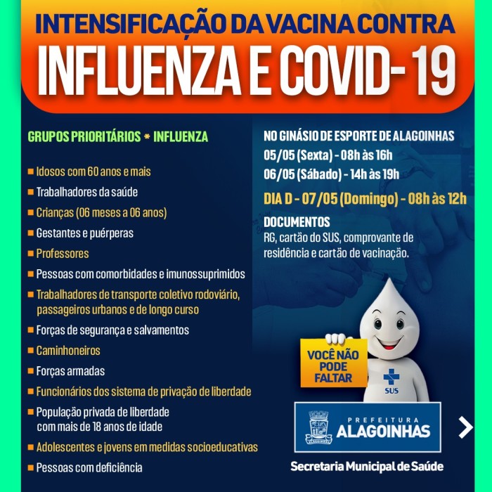 Intensificação da vacinação contra Gripe Influenza acontece nos dias 05,06 e 07 de maio em Alagoinhas