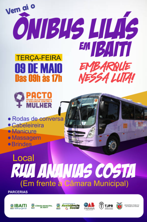 Ônibus Lilás estará em Ibaiti no próximo dia 09. Veículo conta com um espaço destinado ao atendimento individual e sigiloso para garantir a privacidade das mulheres vítimas de violência.