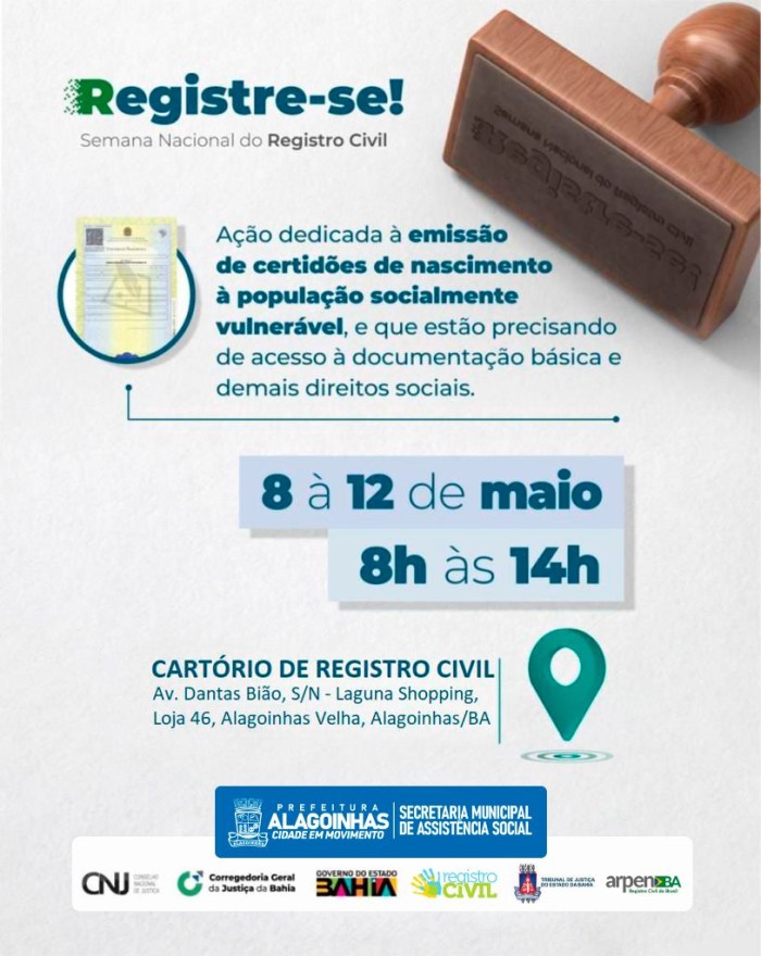 Certidões de nascimento serão emitidas gratuitamente de 08 a 12 de maio no Cartório de Registro Civil de Alagoinhas
