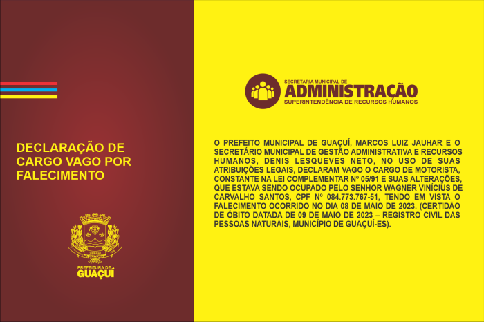 DECLARAÇÃO DE CARGO VAGO POR FALECIMENTO - DECL. Nº 002/2023/PMG.