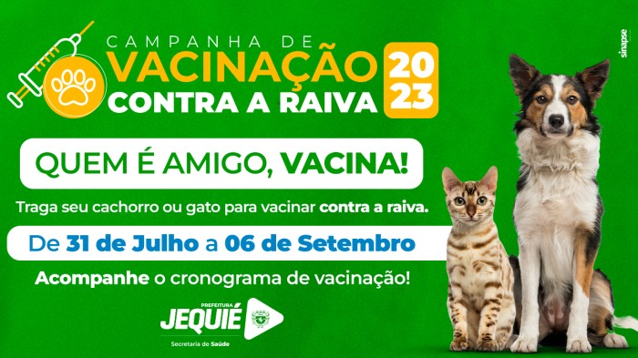 Prefeitura de Jequié inicia campanha de vacinação contra raiva para cães e gatos a partir de segunda-feira