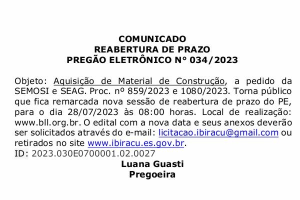 COMUNICADO REABERTURA DE PRAZO - PREGÃO ELETRÕNICO