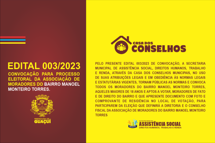 CONVOCAÇÃO PARA PROCESSO ELEITORAL DA ASSOCIAÇÃO DE MORADORES DO BAIRRO MANOEL MONTEIRO TORRES