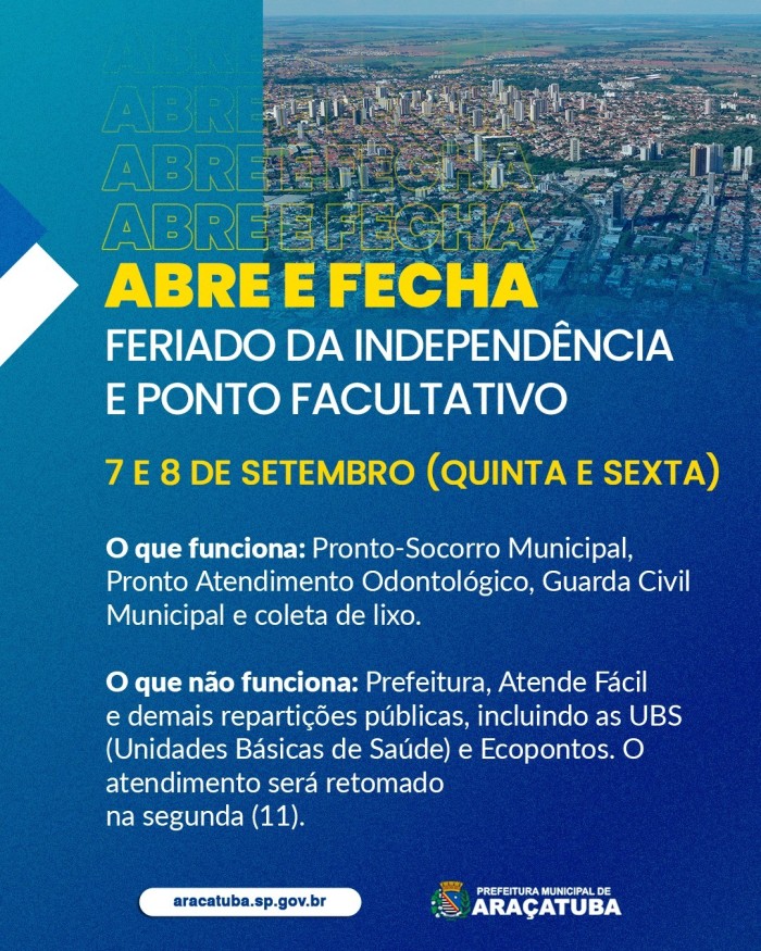 Prefeitura declara ponto facultativo na sexta-feira pós feriado da Independência