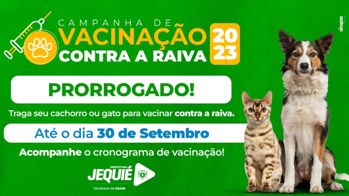Prefeitura de Jequié prorroga campanha de vacinação contra raiva até dia 30 de setembro