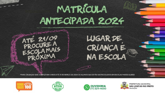 Prorrogado prazo de inscrição na matrícula antecipada para 2024 na rede municipal